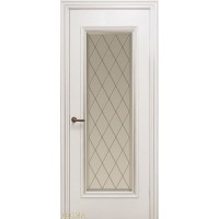 Дверь Геона Лучия, Тонированный сатинат с гравировкой, с фацетом, эмаль Белая матовая, патина серебряная