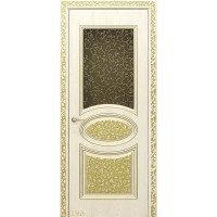 Дверь Геона Сильвия 3, Сатинат тонированный, окрашенный витраж, ПВХ-шпон, Квазар крем патина золотая