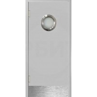 Влагостойкая композитная пластиковая маятниковая дверь, с металлическим иллюминатором, серая RAL 7035
